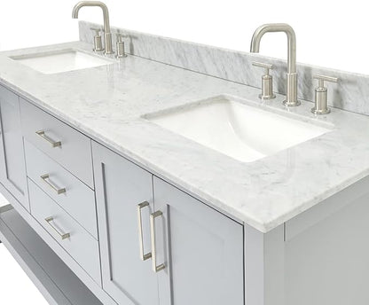 ARIEL Magnolia 72-inch Bathroom Vanity with Sink,Solid Wood, 0.75-inch Italian Carrara Marble Countertop, Double Rectangular Porcelain Sink, 4 Soft Closing Doors, 3 Dovetail Drawers, Grey