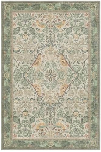 Boho 8x12 Living Room Rugs - Plant & Bird Patterned Rugs for Bedroom Under Bed, Traditional Victorian Sage Green Décor, Washable Non Slip Foldable Lightweight Carpet