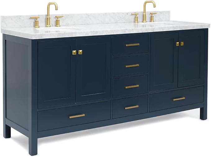 ARIEL Cambridge 72-inch Bathroom Vanity with Sink,Solid Wood, 1.5-inch Italian Carrara Marble Countertop, Double Oval Porcelain Sink, 4 Soft Closing Doors, 6 Dovetail Drawers, Midnight Blue