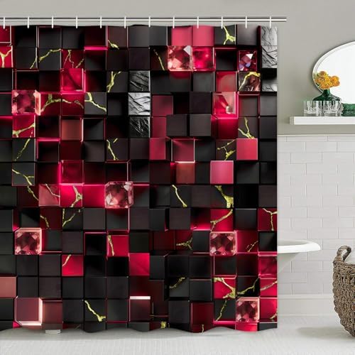 LQCOOL 4Pcs Black and Red Shower Curtain Set 3D Cubes Bathroom Sets Modern Shower Curtain Set for Bathroom Sets with Rugs and 12 Hooks