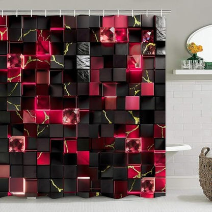 LQCOOL 4Pcs Black and Red Shower Curtain Set 3D Cubes Bathroom Sets Modern Shower Curtain Set for Bathroom Sets with Rugs and 12 Hooks