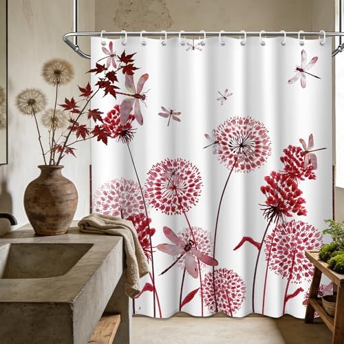 Red Dandelion Shower Curtain Spring Dragonfly Coral Red and White Watercolor Shower Curtains for Bathroom Decor, Waterproof Cloth Fabric with Hooks 70" Wx72 L