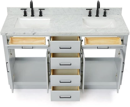 ARIEL Hepburn 60-inch Bathroom Vanity with Sink,Solid Wood, 1.5-inch Italian Carrara Marble Countertop, Double Rectangular Porcelain Sink, 4 Soft Closing Doors, 6 Dovetail Drawers, Grey