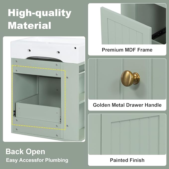 20" Floating Small Bathroom Vanity with Sink, Wall Mounted Vanity for Compact Bathrooms, Space-Saving Narrow Bathroom Vanities with Soft-Close Drawer Open Shelf Towel Bar (Green,20" Floating Drawer)