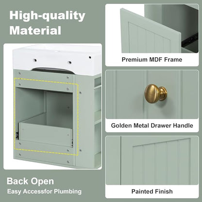 20" Floating Small Bathroom Vanity with Sink, Wall Mounted Vanity for Compact Bathrooms, Space-Saving Narrow Bathroom Vanities with Soft-Close Drawer Open Shelf Towel Bar (Green,20" Floating Drawer)