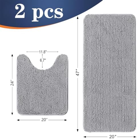 OLANLY Chenille Bathroom Rugs Mats Set 2 Piece, 47"x20"+24"x20", Light Grey
