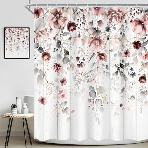 Rusic Floral Grey Pink Eucalyptus Leaves Bathroom Shower Curtain Set