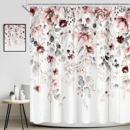 Rusic Floral Grey Pink Eucalyptus Leaves Bathroom Shower Curtain Set
