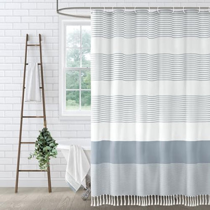 Blue Coastal Ocean Cotton Striped Shower Curtain with Tassel 72"W X 78"L