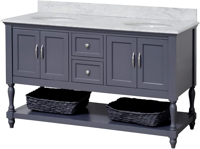 Beverly 60-inch Double Bathroom Vanity (Marine Gray/Carrara): Includes Marine Gray Cabinet with Authentic Italian Carrara Marble Countertop and White Ceramic Sinks