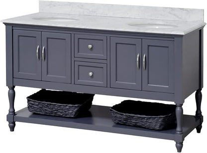 Beverly 60-inch Double Bathroom Vanity (Marine Gray/Carrara): Includes Marine Gray Cabinet with Authentic Italian Carrara Marble Countertop and White Ceramic Sinks