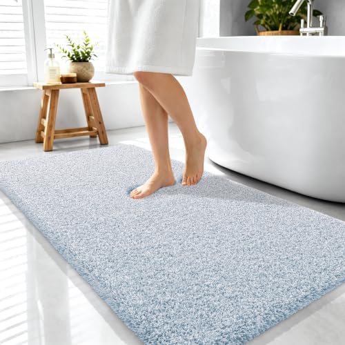 OLANLY Microfiber Bathroom Rugs 44x24, Quick Dry Mat, Airy Blue and White