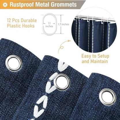 BTTN Navy Blue Boho Farmhouse Linen Heavy Duty Shower Curtain Set, 72x72