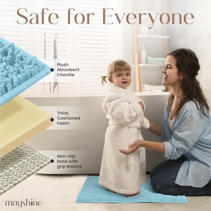 Small Plush Shaggy Chenille Bath Mat 23"x14" Extra Soft, Super Absorbent, Non-Slip Bathroom Rug | Fluffy Microfiber, Area Rug Sets for Bathroom Floor, Kitchen, Living Room | 23"x14" | Spa Blue