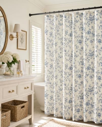 jinchan Linen Shower Curtain for Bathroom with 12 Hooks, Blue, 70x72