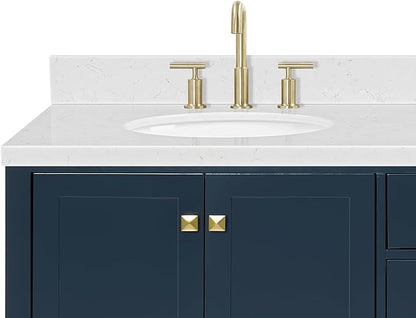 ARIEL Cambridge 72-inch Bathroom Vanity with Sink,Solid Wood, 1.5-inch Carrara White Quartz Countertop, Double Oval Porcelain Sink, 4 Soft Closing Doors, 6 Dovetail Drawers, Midnight Blue