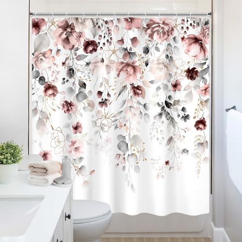 Floral Grey Pink Leaves Girls Watercolor Bathroom Shower Curtain Set