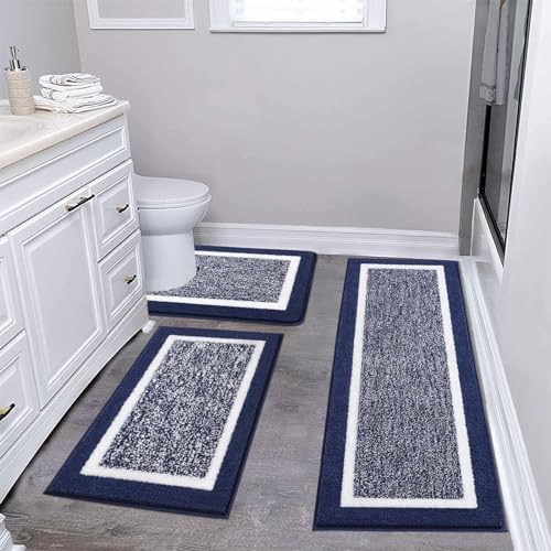 Pauwer Bathroom Rugs 3 Piece Set, Non Slip Washable Bath Mat, Navy
