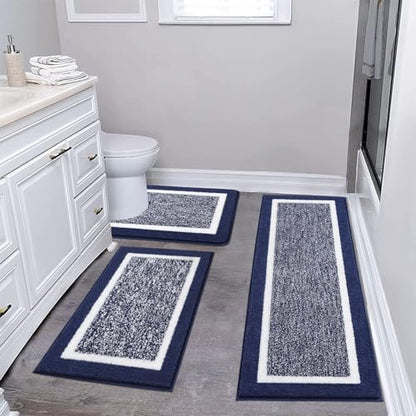 Pauwer Bathroom Rugs 3 Piece Set, Non Slip Washable Bath Mat, Navy