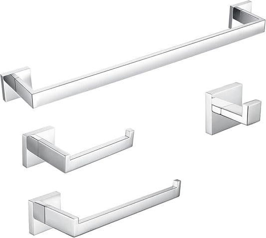BAGNOLUX Bathroom Hardware Set 4 Pieces, Bath Towel Holder Set SUS304 Stainless Steel, Towel Bar Rack Set for Wall Mounted, Square Bathroom Accessories Set Fixture Heavy Duty Polished Chrome