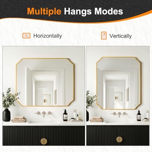 Delma Bathroom Vanity Mirror, Gold Framed Aluminum Bathroom Mirror for Over Sink, Scalloped Round Corner Wall Mirror, High-Definition Vanity Mirror, Hangs Horizontally or Vertically (36x30,Gold)