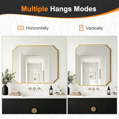 Delma Bathroom Vanity Mirror, Gold Framed Aluminum Bathroom Mirror for Over Sink, Scalloped Round Corner Wall Mirror, High-Definition Vanity Mirror, Hangs Horizontally or Vertically (36x30,Gold)