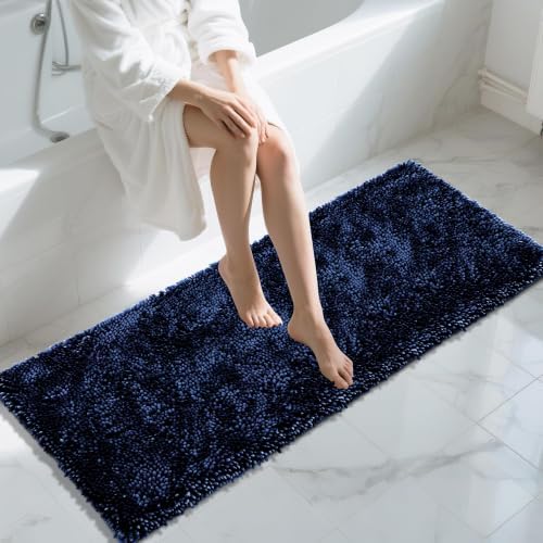 Yimobra Long Bathroom Rugs Runner 60x24 Inch, Extra Thick Soft Absorbent Chenille Bath Mat, Non Slip Machine Washable, Quick Dry Bath Rugs for Bathroom Floor, Tub and Shower, Navy Blue