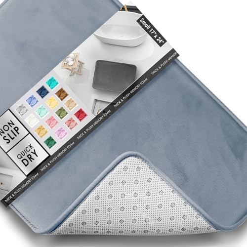 Clara Clark Bathroom Rugs, Velvet Memory Foam Bath Mat, Non-Slip Bath Rugs, Machine Wash, Dries Quickly, Ultra Soft Plush Bath Mats for Bathroom, 17 x 24, Stone Blue