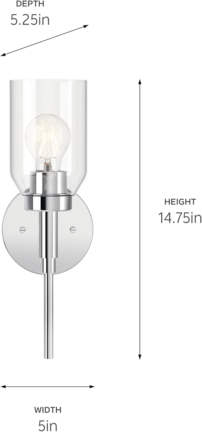 Kichler Madden 1-Light Wall Sconce with Clear Glass in Chrome, Sloped Ceiling Compatible, for Bathroom or Hallway (14.75" x 5"), 55183CH