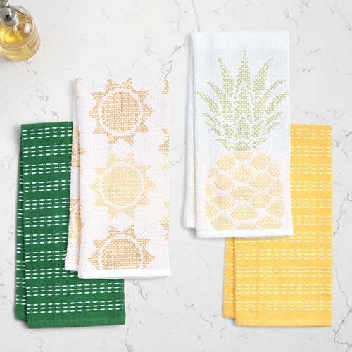 Ritz 4-Piece Kitchen Towel Set, Jacquard Pineapple & Sun Toss Prints with Yellow & Pine Green Textured Terry, Highly Absorbent Cotton Blend, 16" x 26", Tropical Summer Kitchen Decor