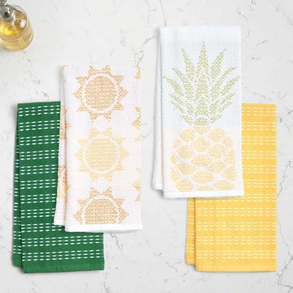 Ritz 4-Piece Kitchen Towel Set, Jacquard Pineapple & Sun Toss Prints with Yellow & Pine Green Textured Terry, Highly Absorbent Cotton Blend, 16" x 26", Tropical Summer Kitchen Decor