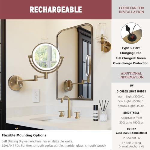 Makeup Mirror Wall Mounted with Lights, 5X Magnification, Antique Brass