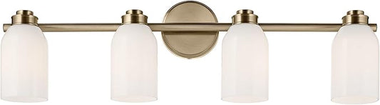 Kichler Shae 32.25" 4-Light Vanity Light with White Opal Glass in Champagne Bronze, for Bathroom Vanity, Powder Room, Over a Mirror, (32.25" W x 9" H), 55203CPZ