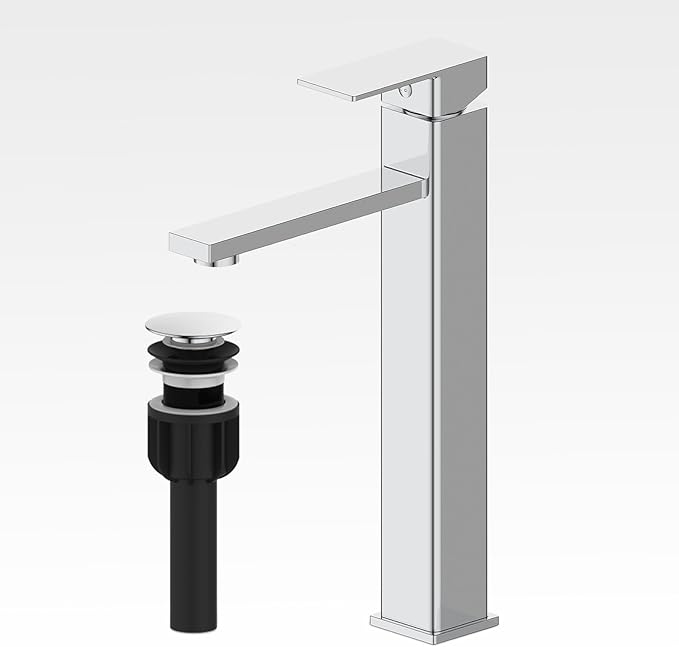 Bathroom Sink Faucet, Single Handle Bathroom Faucets with Pop-up Drain and 2 Supply Hoses, Chrome Single Hole Tall Barrel Vanity Faucet, 304 Stainless Steel