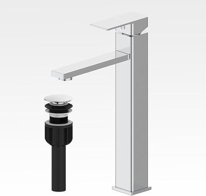 Bathroom Sink Faucet, Single Handle Bathroom Faucets with Pop-up Drain and 2 Supply Hoses, Chrome Single Hole Tall Barrel Vanity Faucet, 304 Stainless Steel