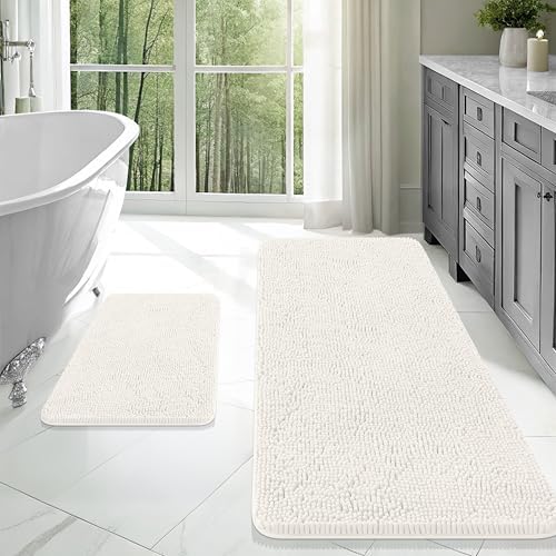 OLANLY Chenille Bathroom Rugs Mats Sets 2 Piece, 47"x20"+24"x16", Ivory