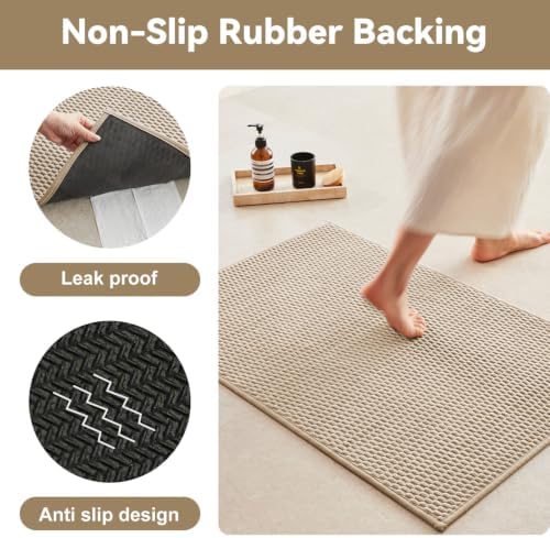 Triohero Bathroom Rugs Non Slip Washable, Super Absorbent Thin Bath Mat Small Quick Dry Low Pile Bathroom Rug, Beige 20x30