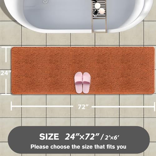 Bathroom Runner Rug 24 x 72 Non Slip – Extra Long Bath Mat | Absorbent and Washable Thick Chenille Runner Rug for Bathroom, Shower, Tub, Sink(Burnt Orange)