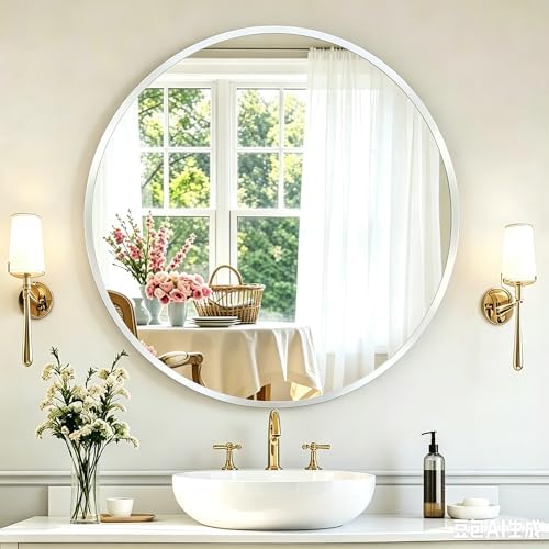 32 Inch Frameless Round Bathroom Mirror, Beveled Edge Wall Mirror, Modern Elegant Vanity Mirror for Bathroom Living Room Entryway