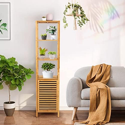 Tangkula Bathroom Cabinet, 65 Inch Tall Slim Bathroom Storage Cabinet with Shutter Door and 3 Open Shelves, Narrow Multifunctional Tower Cabinet, Natural Bamboo, 15.5 x 14.5 x 65 Inch
