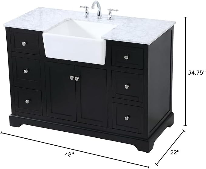 48" Pre-Assembled Bathroom Vanity with Sink, Solid Birch and MDF, Carrara White Marble Countertop Attached, Single Rectangle Porcelain Sink, 6 Soft-Close Drawers, Black