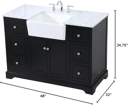 48" Pre-Assembled Bathroom Vanity with Sink, Solid Birch and MDF, Carrara White Marble Countertop Attached, Single Rectangle Porcelain Sink, 6 Soft-Close Drawers, Black