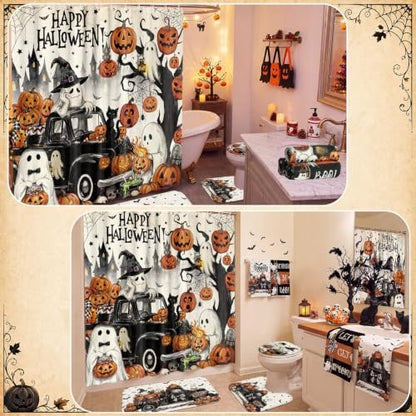 FuWeave 8 Pcs Halloween Shower Curtain Set for Bathroom Decor Include Vintage Ghost Pumpkin Black Truck Towels Non Slip Skull Rugs Toilet Lid Cover Halloween Spider Web Bath Mat and 12 Hooks