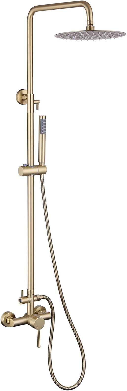 RBROHANT Outdoor Shower, Wall Mount Outdoor Shower Kit, Outside Shower Faucet with Height Adjustable Rain Shower Head and Handheld, Exposed Shower for Backyard, Wall Mounted, Brushed Gold, JK0147