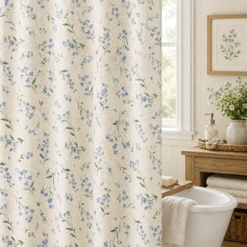 Leowefowa Vintage Farmhouse Blue Floral Shower Curtain, Linen Texture Fabric Bathroom Curtain, Rustic Wildflower Botanical Bath Decor, Waterproof Polyester Linen Blend, 72 x 72 Inch