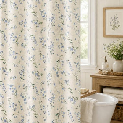 Leowefowa Vintage Farmhouse Blue Floral Shower Curtain, Linen Texture Fabric Bathroom Curtain, Rustic Wildflower Botanical Bath Decor, Waterproof Polyester Linen Blend, 72 x 72 Inch