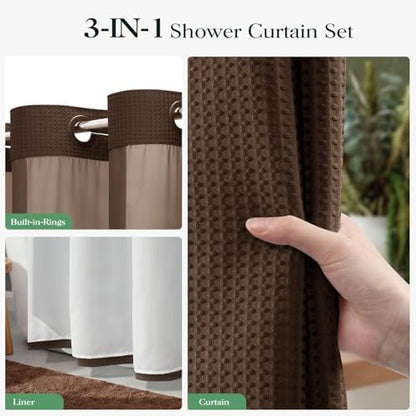 Dynamene Brown Hook Free Waffle Shower Curtain & Snap-in Fabric Liner,72x81