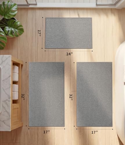 YIHOUSE Light Grey Bathroom Rugs Sets 3 Pieces,Thin Bath Mat Quick Dry