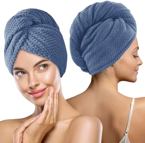 MaopaoBeauty 2 Pack Microfiber Hair Towel Wrap for Women Super Absorbent Quick Dry Hair Turban for Drying Curly, Long Thick Hair, Blue