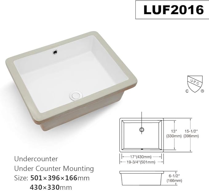 Lordear Undermount Bathroom Sink 20x16 Inch Undermount Rectangle White Porcelain Ceramic Bathroom Lavatory Vanity Sink Basin with Overflow